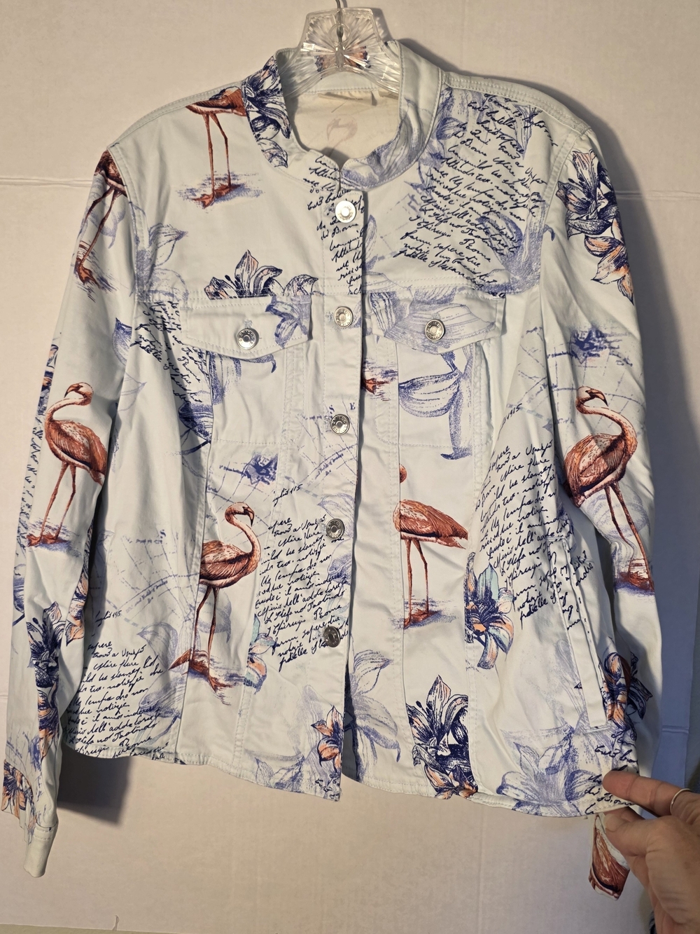Chico's Bon Voyage Sateen Jean Jacket Flamingo Tropical Floral Script Light Blue